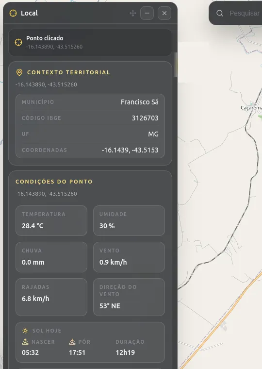 Painel de um sistema de mapas sobre um ponto clicado: contexto territorial (município, código IBGE, UF e coordenadas) e condições do ponto (temperatura, umidade, chuva, vento, rajadas, direção do vento, nascer e pôr do sol).